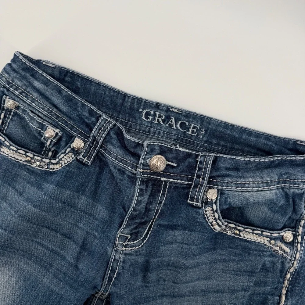 Grace in LA Bootcut Jeans Womens 27‎ Blue Medium Wash Embroidered Sequin Bling